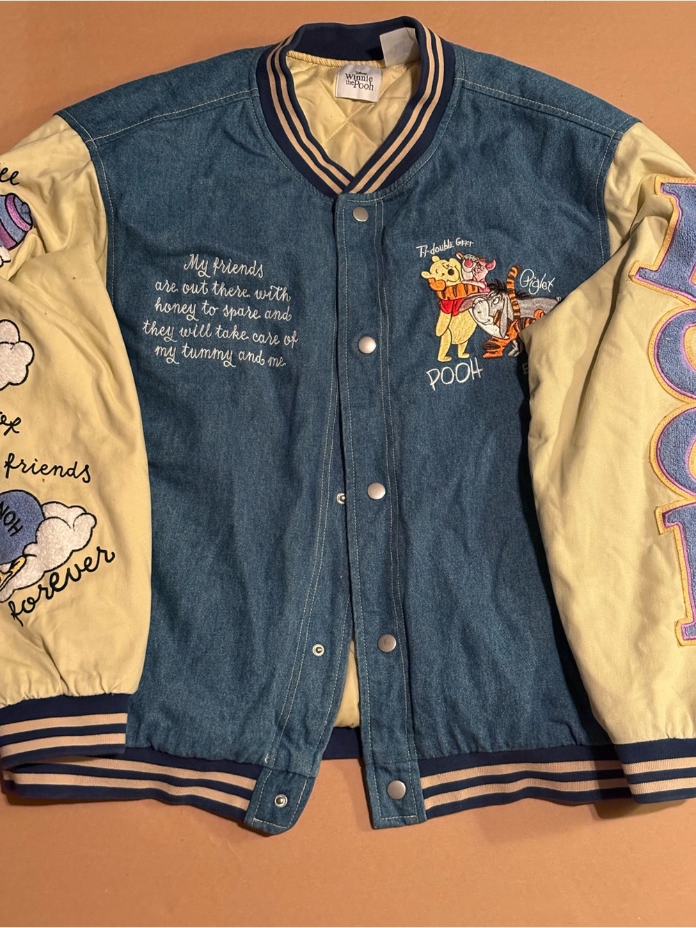 Disney Winnie the Pooh Denim Bomber Jacket 100 Acre Hunny Club Embroider Adult L